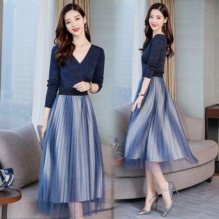 Set: Long-sleeve V-neck Top + Midi Accordion Pleat Mesh Skirt