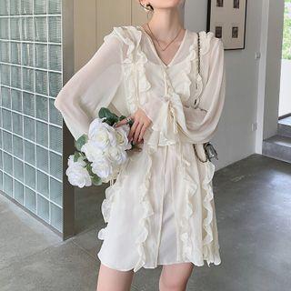 Set: Puff-sleeve Ruffled A-line Dress + Slipdress