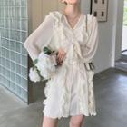 Set: Puff-sleeve Ruffled A-line Dress + Slipdress