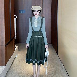 Long-sleeve Shirt / Midi A-line Suspender Skirt
