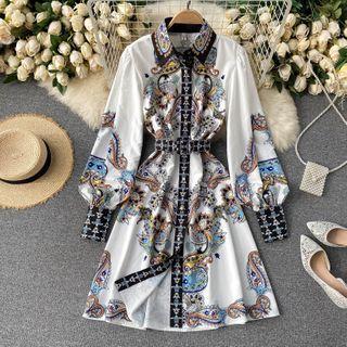 Printed Long-sleeve Midi A-line Shirt Dress