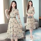 Long-sleeve Floral Midi Lace Dress