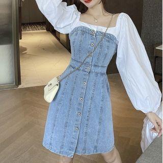 Balloon-sleeve Denim Panel Mini A-line Dress