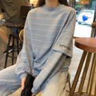Lettering Asymmetric Panel Sleeve Striped Top