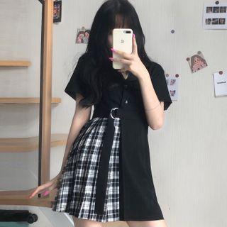 Short-sleeve Plaid Panel A-line Dress Black - One Size