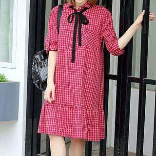 Check Long-sleeve Collared A-line Dress