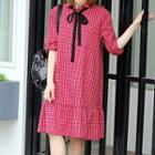 Check Long-sleeve Collared A-line Dress