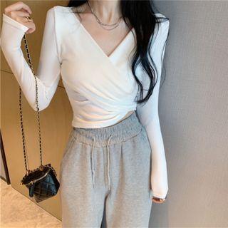 Long-sleeve V-neck Wrap Cropped T-shirt
