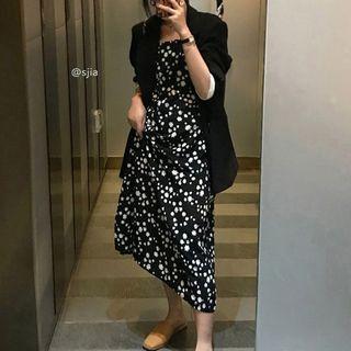 Spaghetti Strap Flower Print Midi Shift Dress Black - One Size
