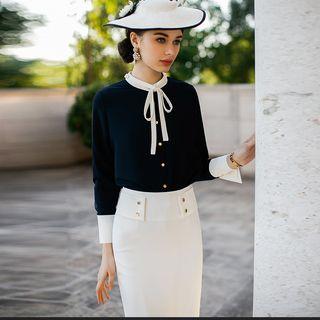 Long/ Short-sleeve Tie-neck Shirt/ Pencil Skirt/ Set