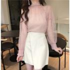 Set: Camisole Top + Mock-neck Beaded Sheer Top Pink - One Size