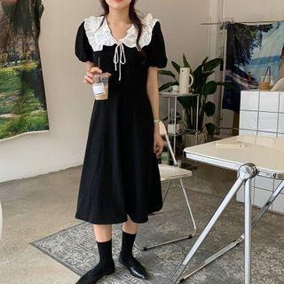 Puff-sleeve Collared Tie Neck Dress