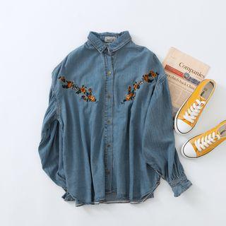 Floral Embroidery Denim Shirt Denim Blue - One Size