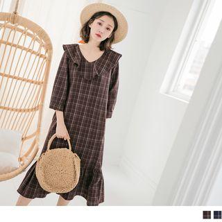 3/4 Sleeve Plaid Mermaid Midi Dress
