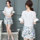 Set: Plain Perforated Short Sleeve Top + Floral Print A-line Skirt