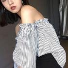 Off-shoulder Elbow-sleeve Striped Top Stripe - One Size