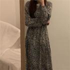 Leopard Print Long-sleeve Midi Shift Dress Leopard - One Size