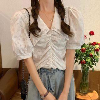 Puff-sleeve Peter Pan Collar Chiffon Top