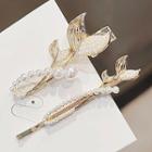 Set: Mermaid Tail Faux Pearl Hair Clip + Hair Pin Ly1986 - 2 Pcs - Gold & White - One Size