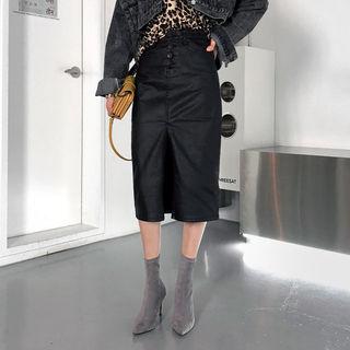 Deep-slit Coated Midi Skirt