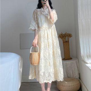 Set: Bell-sleeve Lace Midi A-line Dress + Slipdress