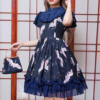 Short-sleeve Mandarin Collar Crane Print A-line Dress