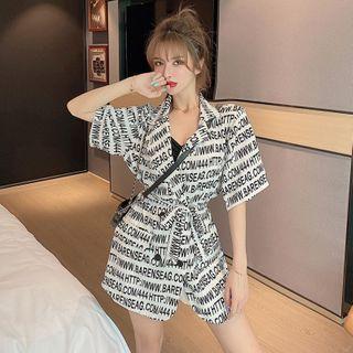 Short-sleeve Lettering Print Wrap Jacket