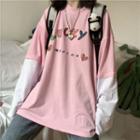 Long-sleeve Lettering Round Neck T-shirt Pink - One Size