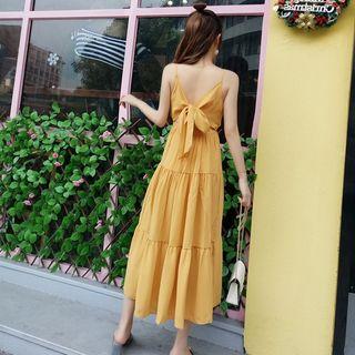 Spaghetti Strap Tie-back Tiered Midi Dress