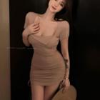 Short-sleeve Square Neck Drawstring Mini Sheath Dress