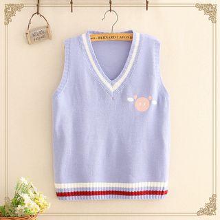 V-neck Cartoon Embroidered Knit Vest