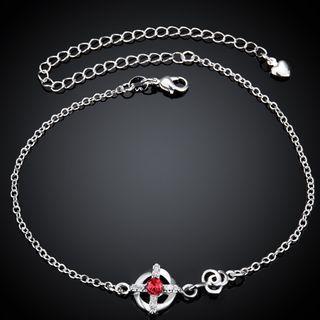 Popular Hollow Cross Anklet With Red Austrian Element Crystal Silver - One Size