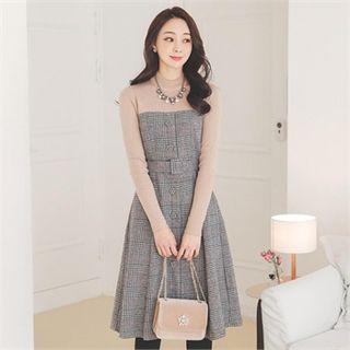 Inset Crew-neck Knit Top Button-front Check Dress Beige - One Size