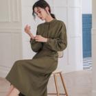 Lantern-sleeve Midi A-line Dress Green - S