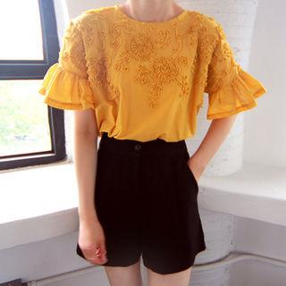 Ruffle-sleeve Rosette Top