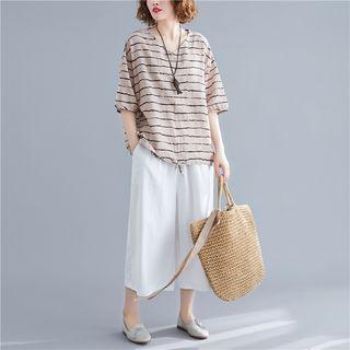 Striped Drawstring Elbow-sleeve T-shirt / Cropped Wide-leg Pants