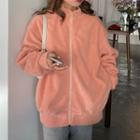 Stand-collar Long-sleeve Fleece Zip Jacket Orange Pink - One Size