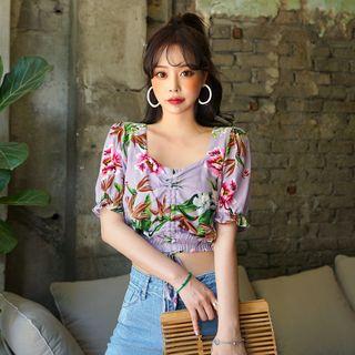 Drawcord-front Floral Cropped Top