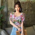 Drawcord-front Floral Cropped Top
