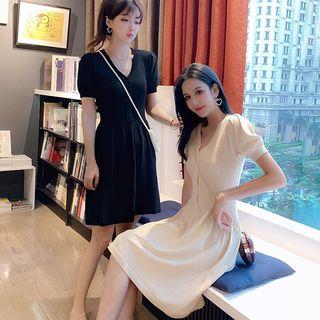 V-neck Lantern-sleeve Rib-knit Dress