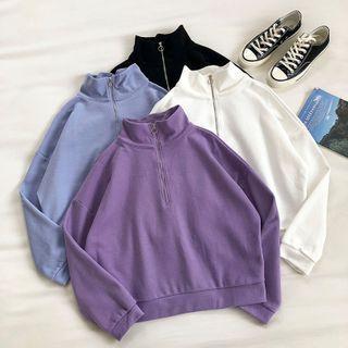 Plain Zipper Turtle-neck Long-sleeve Sweatshirt