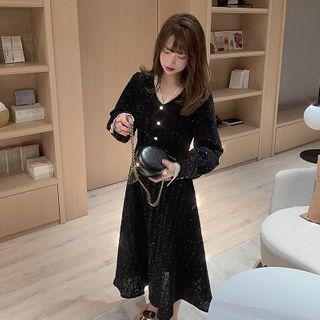 Puff-sleeve Lace Trim Glitter A-line Dress