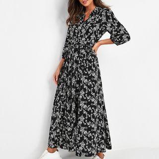 3/4-sleeve Floral Print Maxi A-line Shirtdress