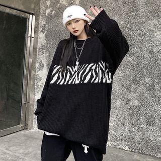 Zebra Print Panel Sweater Black & White - One Size