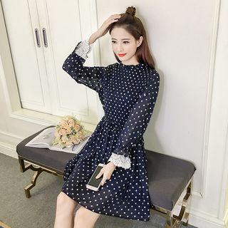 Lace Trim Printed Long Sleeve Chiffon Dress