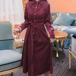 Long-sleeve Corduroy Sashed Midi A-line Dress