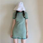 Short-sleeve Plaid Knit Mini Dress Green - One Size