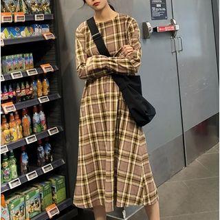 Long-sleeve Plaid Midi A-line Dress Khaki - One Size