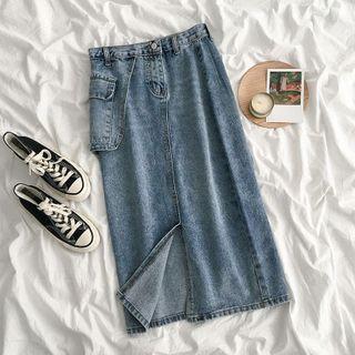 High-waist Split Denim Midi Skirt
