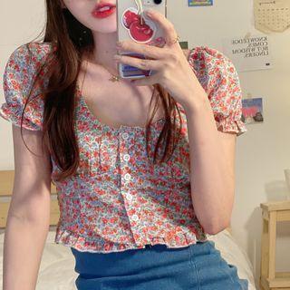 Puff-sleeve Floral Print Buttoned Top Pink - One Size